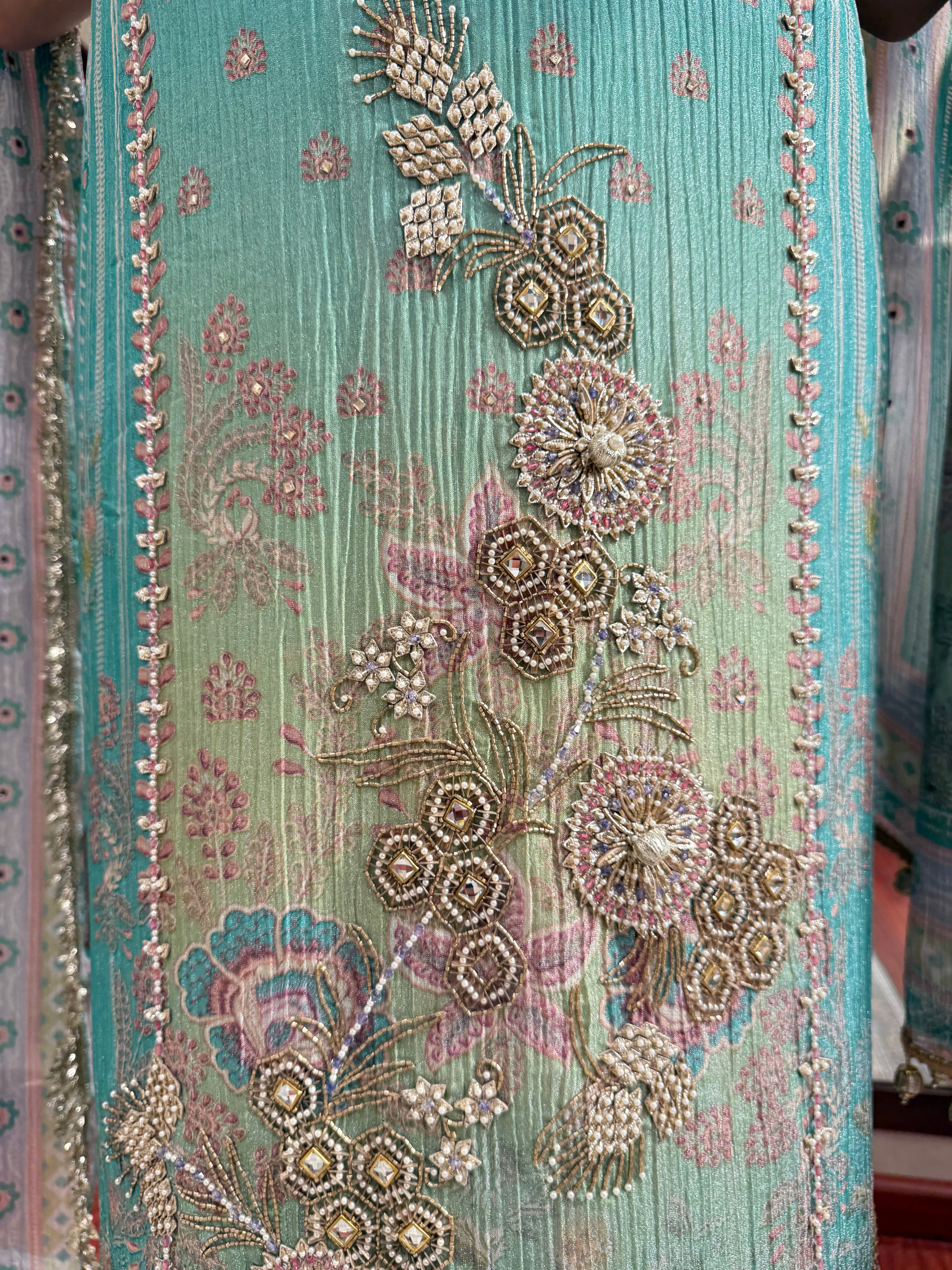 Pastel Crushed Tissue Fabric ( Unsitched) - Sea Green