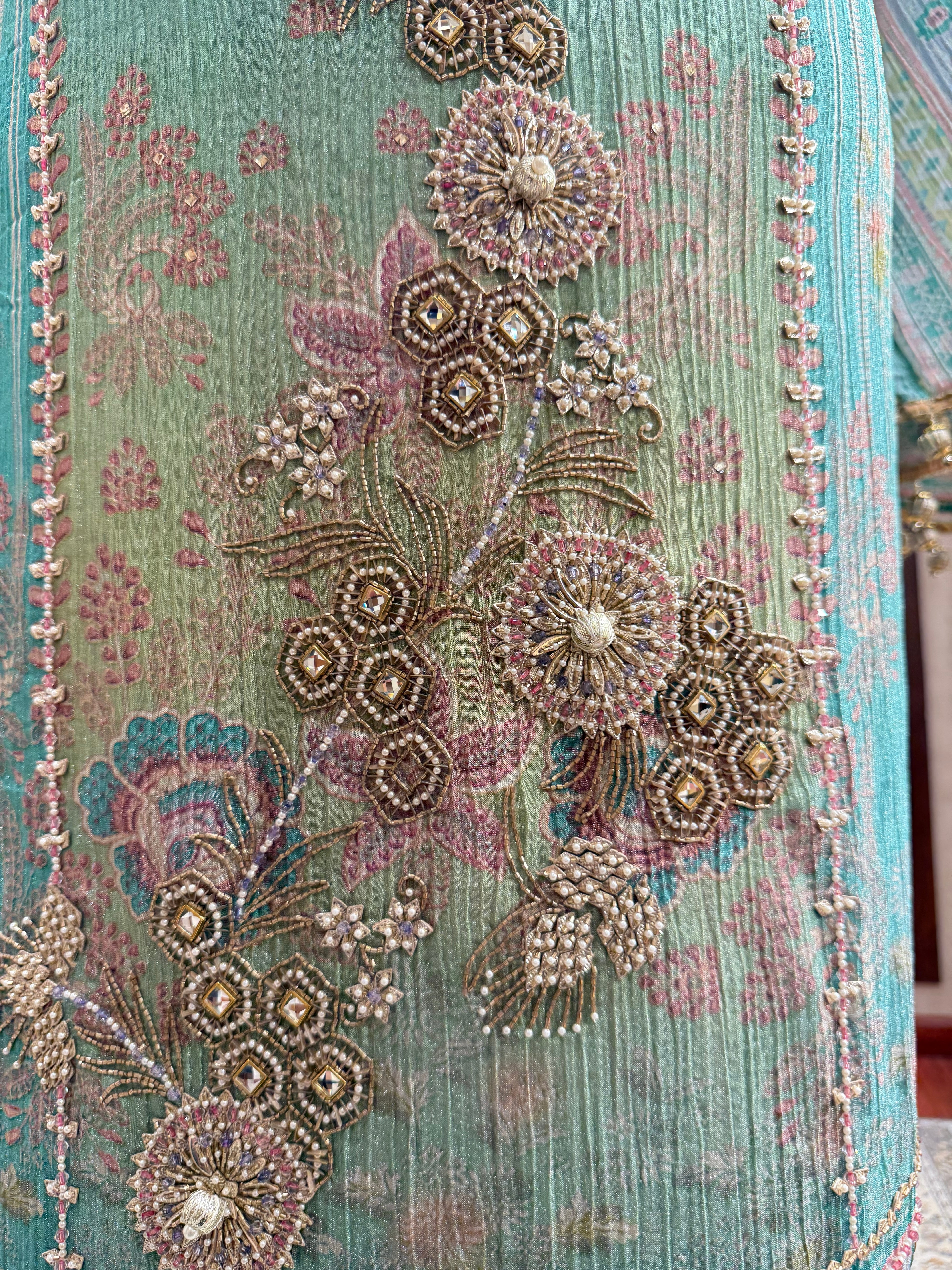 Pastel Crushed Tissue Fabric ( Unsitched) - Sea Green