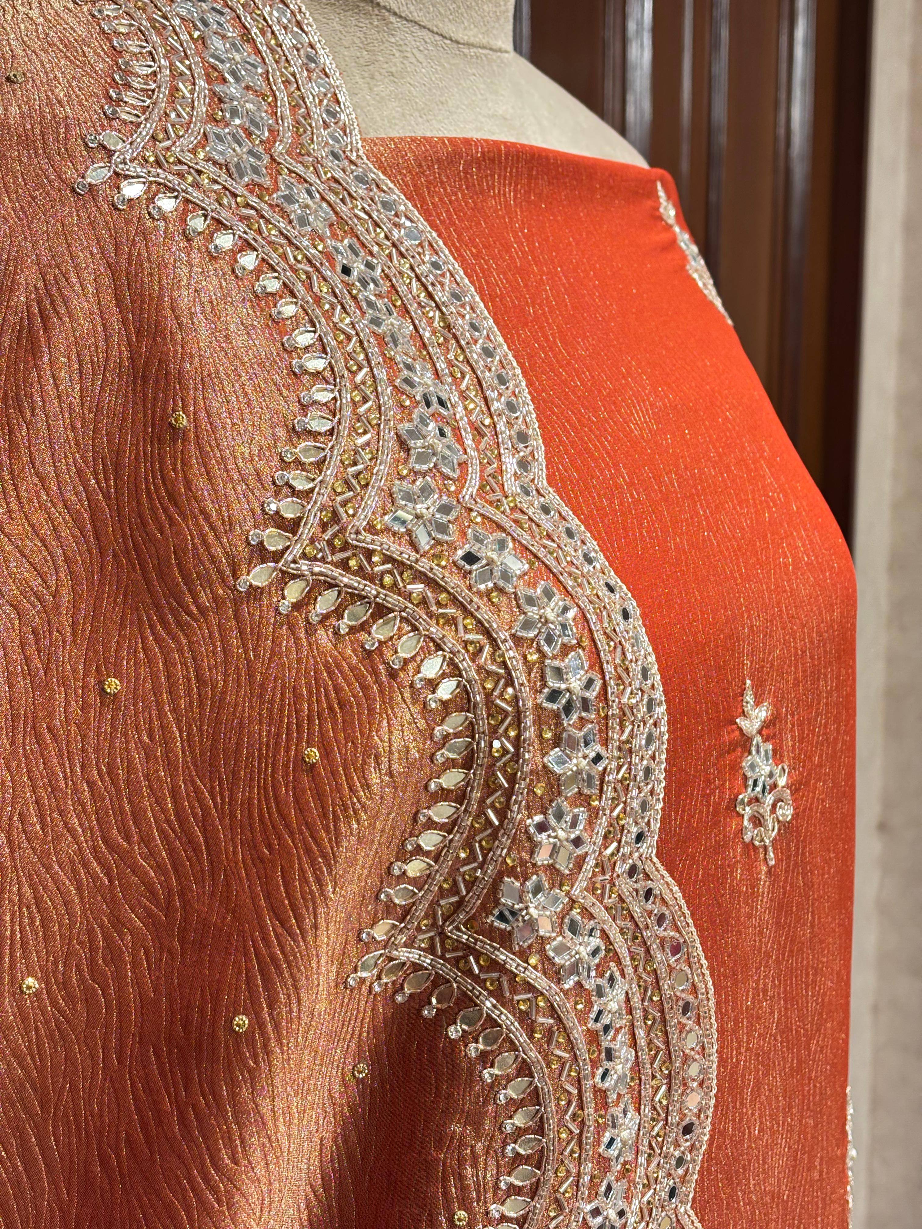 Noor : Orange / Rust Mirror Work Unstitched Fabric