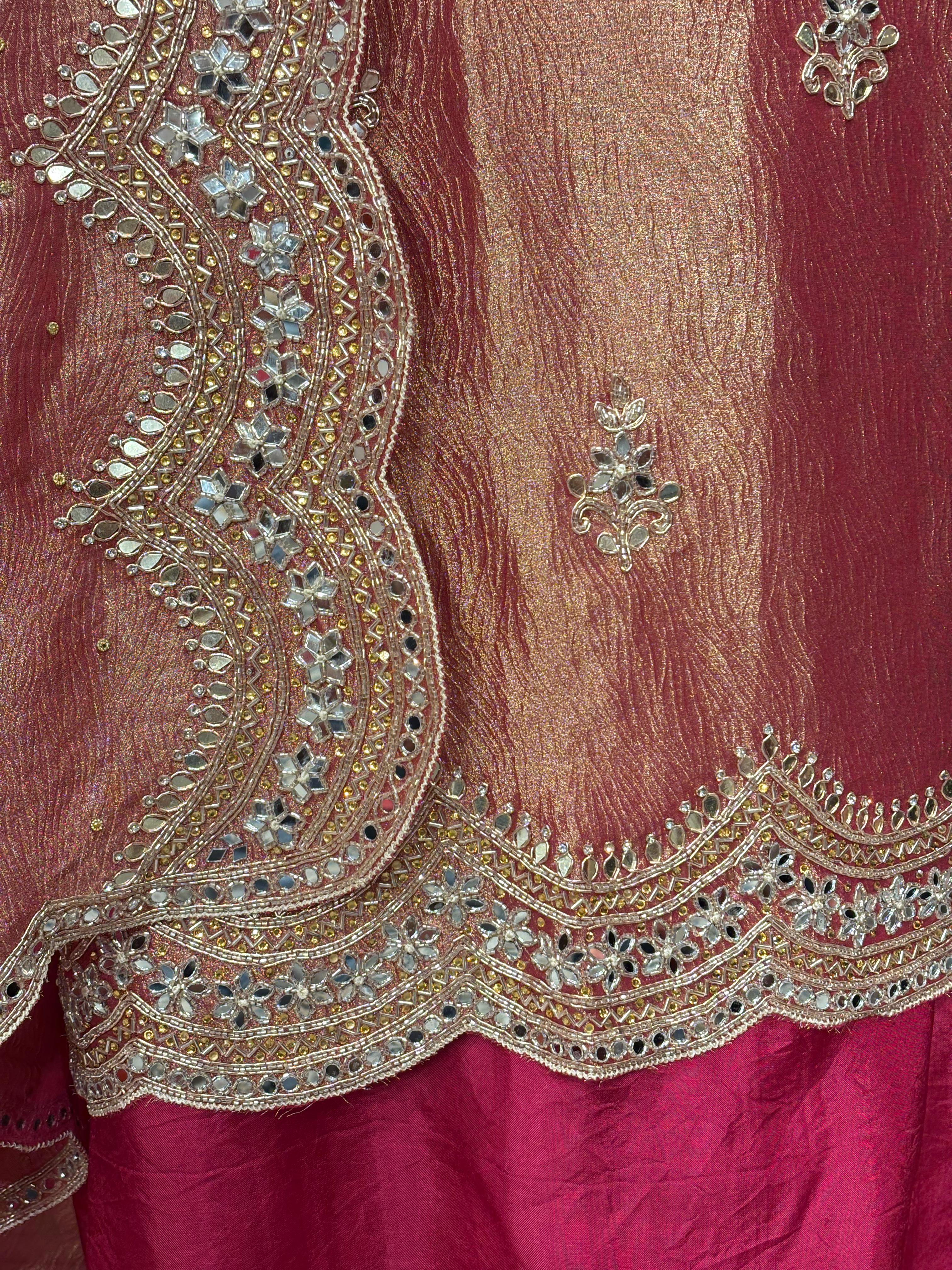 Noor : Magenta Mirror Work Unstitched Fabric
