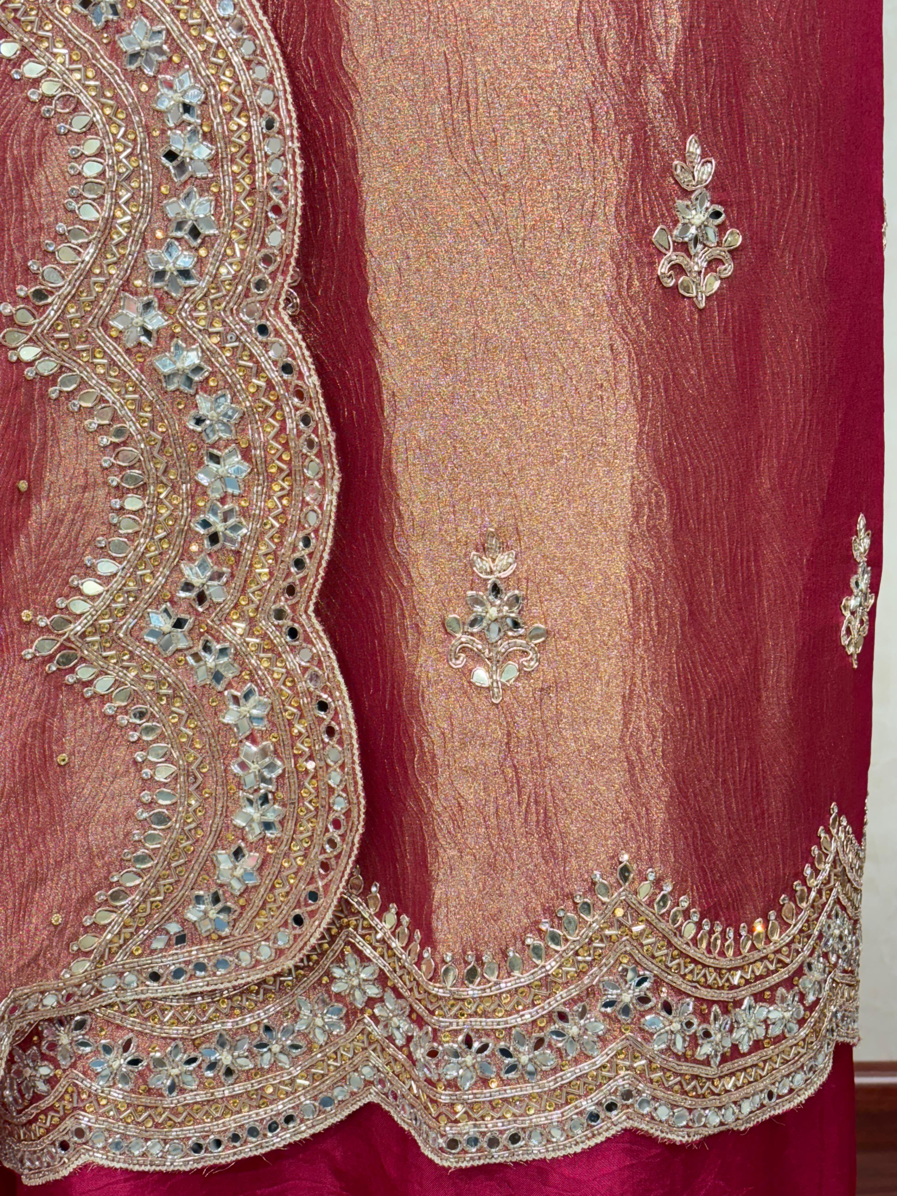 Noor : Magenta Mirror Work Unstitched Fabric