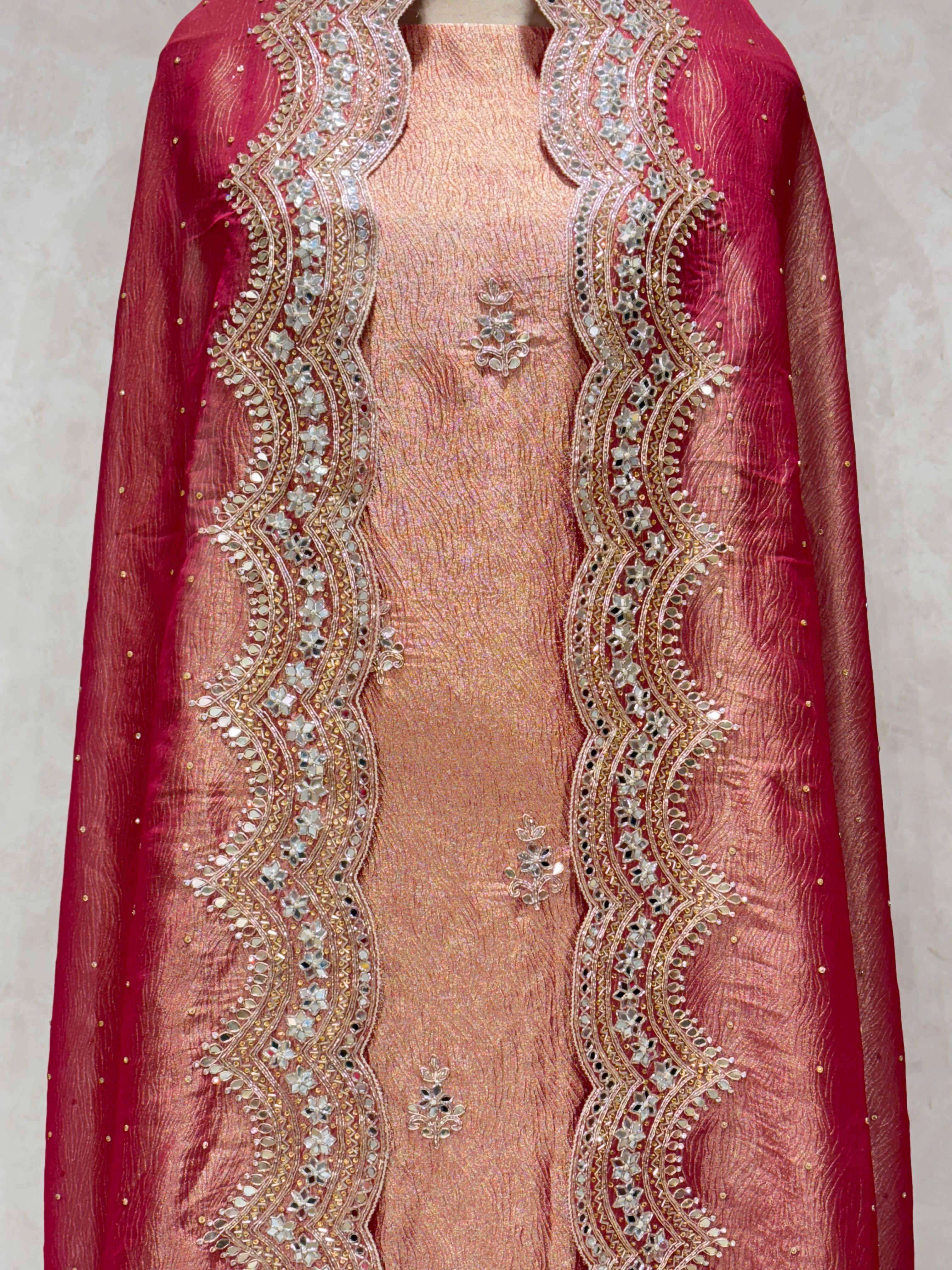 Noor : Magenta Mirror Work Unstitched Fabric