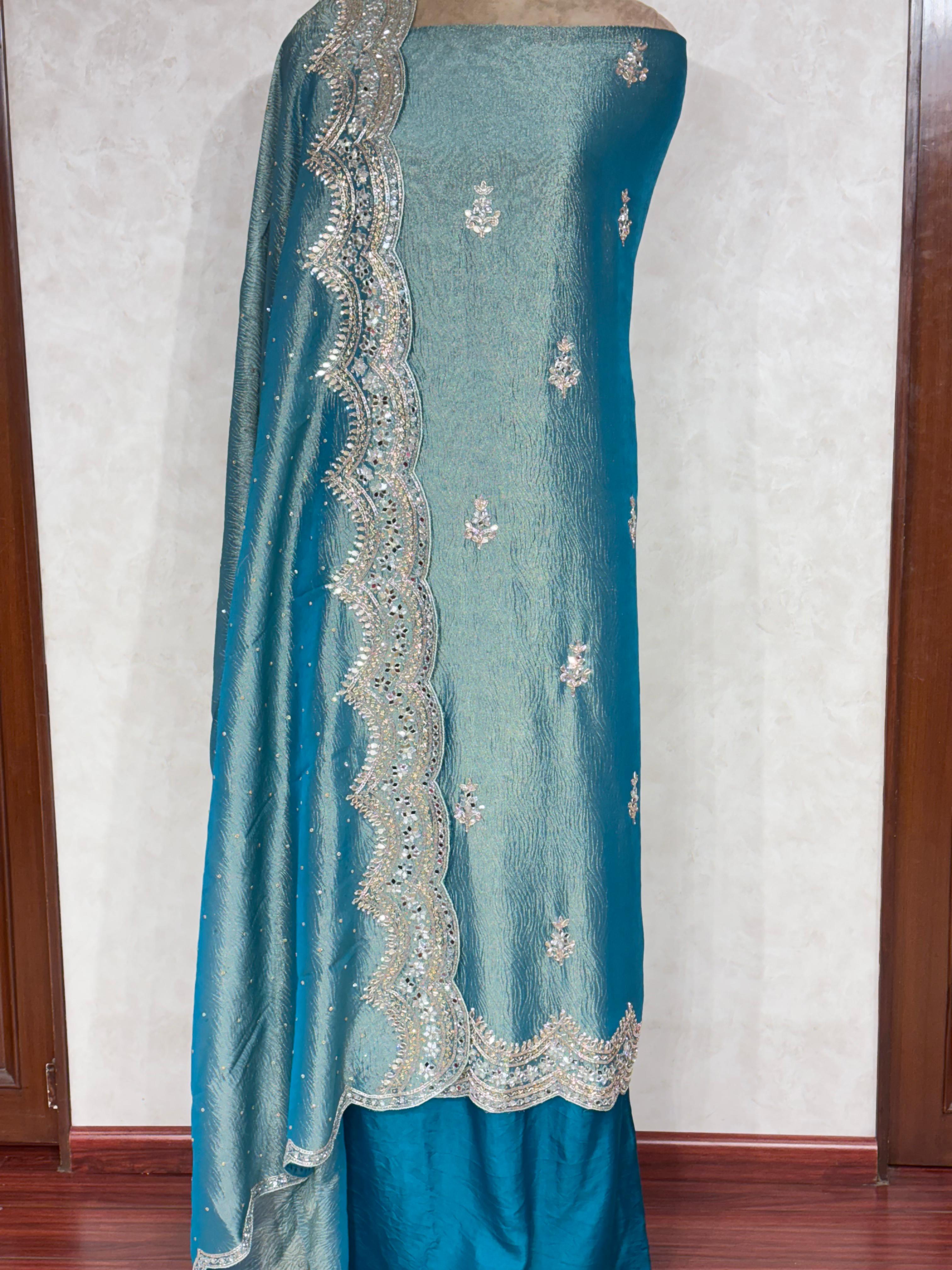 Noor : Blue Mirror Work Unstitched Fabric