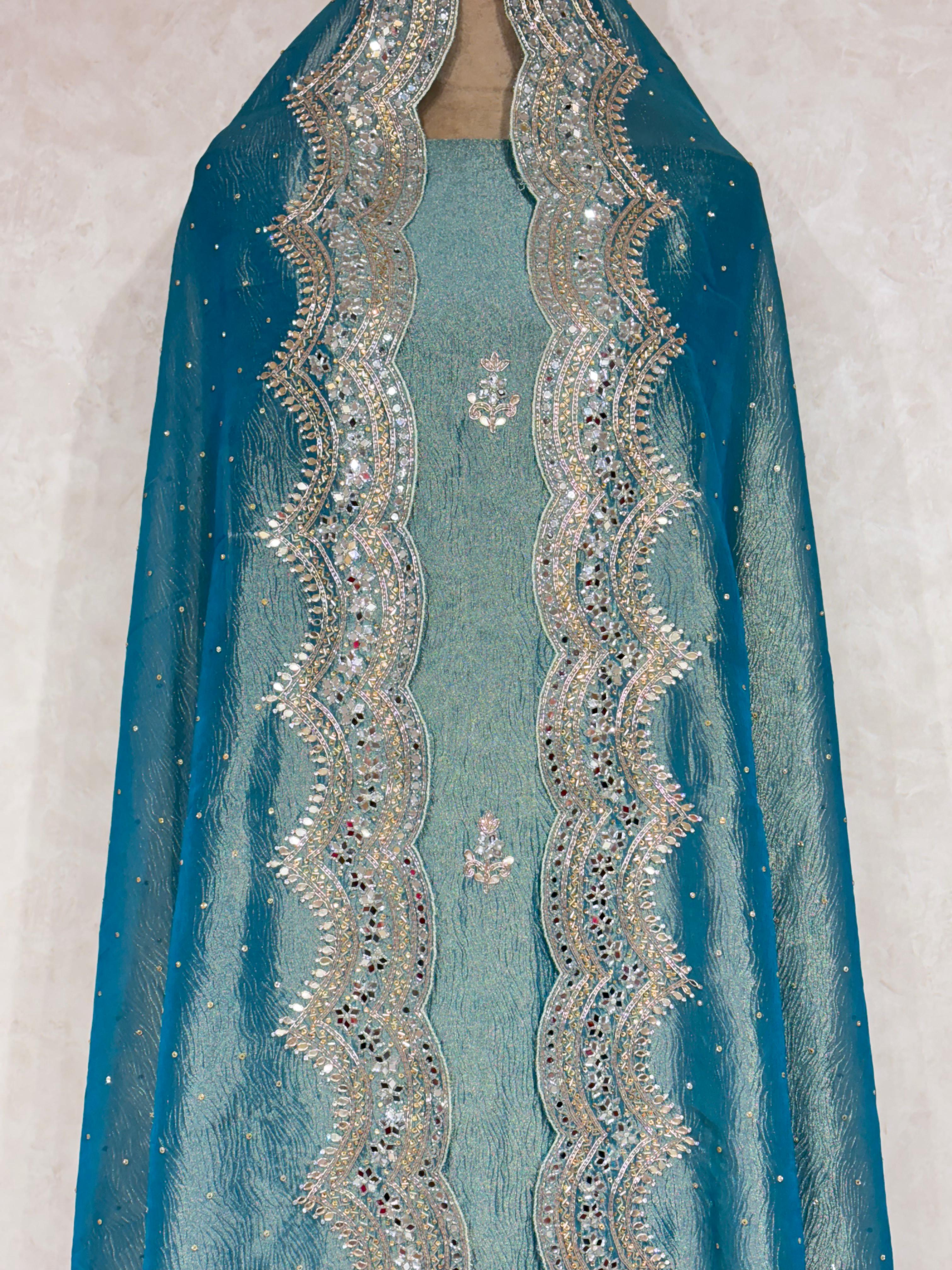 Noor : Blue Mirror Work Unstitched Fabric